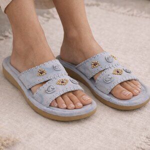 Earth Shoe Seminole Beaded Suede Slide Sandal Blue Comfort Size 9